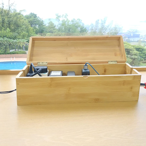 Customized Natural Color Bamboo Cable Management Box Wire Organizer Phone Charger Stand Box Magnetic Lid