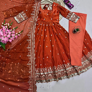 Women’s Designer Party Wear Gown Set | Heavy Fandy Silk Embroidered <b>Sequin</b> Gown with <b>Pant</b> & Dupatta - Product Image 1