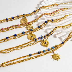 Bracciali a Maglie con Pietra Naturale Occhio di Allah da Donna alla Moda, Acciaio Inossidabile Placcato Oro 18K con Ciondoli Indiani, Multistrand - Product Image 6