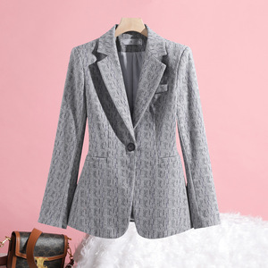 Women's Blazer Light Gray Stripe Polyester Anti-Wrinkle Spring Autumn Style - Product Image 1