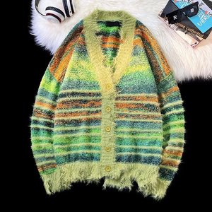 Cárdigan personalizado de mohair para hombre, suéter de punto a rayas de invierno de manga larga con cuello redondo - Product Image 3