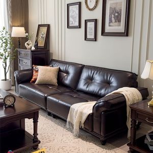 Sofá Chesterfield de Cuero Genuino Marrón, Estilo Retro Americano de Lujo, Juego de Muebles para Sala de Estar - Product Image 1