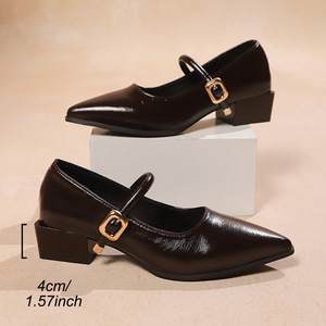 Chaussures en cuir professionnelles de style britannique, nouvelle collection printemps, grandes tailles, bout pointu, talon épais, talon moyen pour femmes - Product Image 6