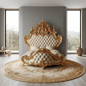 Traditional Button Tufted Wooden Round <b>Bed</b> Luxury Engraved <b>Antique</b> Design Custom Size Bedroom Set - Product Image 4