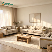 Ensemble de canapés Chesterfield modernes de luxe 1+2+3 places en velours beige capitonné avec structure en acier inoxydable doré pour salon