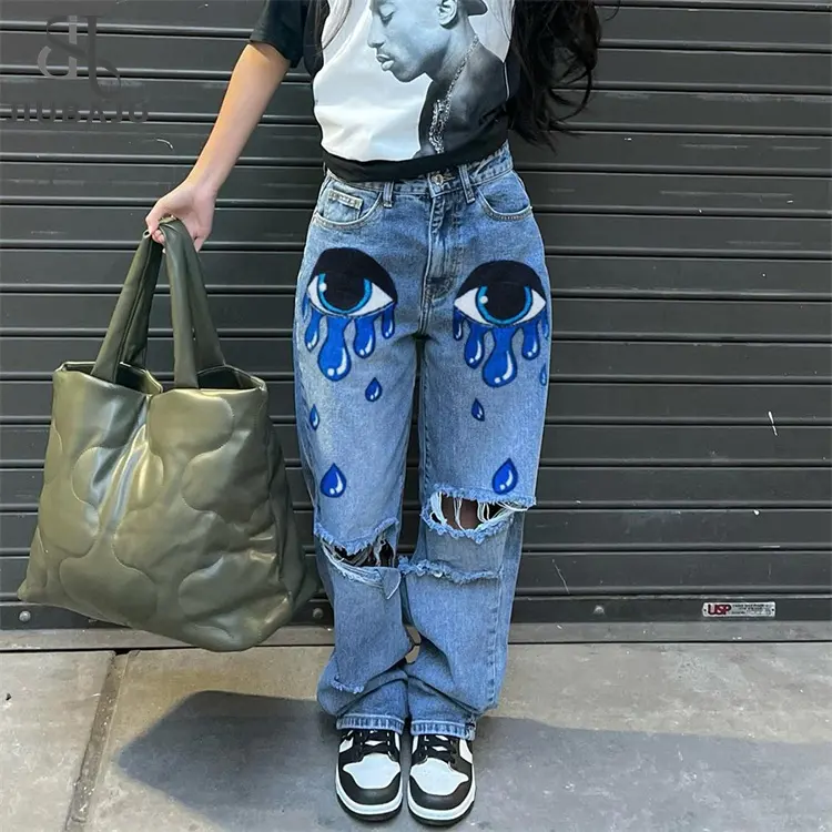 Personality Printed High Waist Straight Denim Pants Woman INS Fashion Hot Girl Eyes Loose Casual Jeans