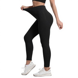 Leggings de yoga taille haute sans couture, longueur intégrale, noir uni, en spandex côtelé, extensible dans les quatre sens, taille élastique, séchage rapide, pantalon d'entraînement - Product Image 3