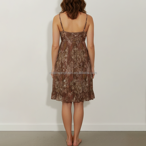 OEM Women Paisley Print Spaghetti Strap <strong>Dress</strong> Mesh Ruffle V Neck High Waist Boho a Line Vintage Flowy Cami Mini <strong>Dresses</strong> - Product Image 3