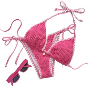 Ensemble bikini femme, col halter, liens latéraux, rose, polyester/coton extensible, motif écossais, décoration coquillage, pour la natation et les sports nautiques - Product Image 5