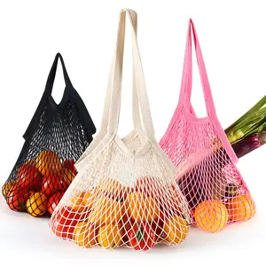 مخصصة المحمولة الملونة صافي الكروشيه سلسلة قابلة لإعادة الاستخدام التسوق حقيبة للبقالة القطن شبكة حقيبة للفاكهة الخضار