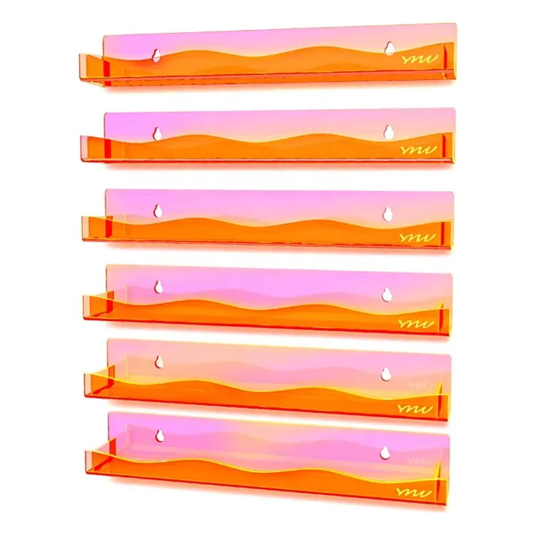 업그레이드 디자인 형광 오렌지 아크릴 매니큐어 주최자 15 "매니큐어 랙 벽 마운트 선반 물결 모양의 가장자리