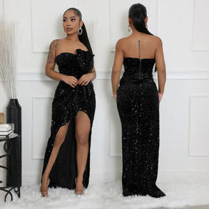 エレガントなフォーマルなイブニングサテンドレス女性用ハイスリットスイープトレインスパンコールナチュラルウエストマキシロングドレス - Product Image 1