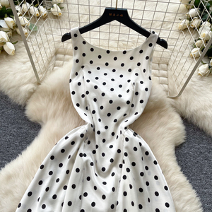 Abito lungo estivo sexy casual da donna con scollo a O, senza maniche, a vita alta, con stampa a pois e schiena scoperta - Product Image 2
