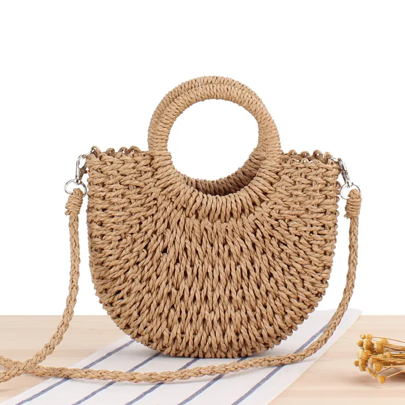 Nửa Vòng Rơm Túi Nhà Cung Cấp Của Phụ Nữ Vai Túi Handmade Ly Hợp Tote Túi Xách Dệt Mùa Hè Bãi Biển Túi