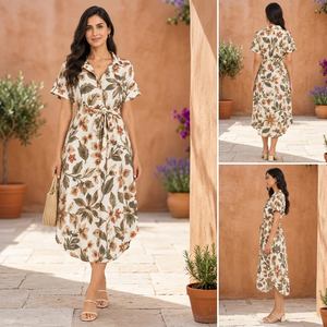 Floral Print Woven Chiffon 100% Cotton Shirt Dress Women <b>Short</b> Sleeve Button Front Midi Tie Waist Casual Summer Wear - Product Image 3
