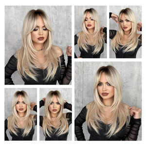 7JHH WIGS วิกผมสังเคราะห์ วิกผมยาวตรง มี<span class=keywords><strong>หน้าม้า</strong></span> สำหรับ<span class=keywords><strong>ผม</strong></span>สีบลอนด์ แบบมีเลเยอร์ ทนความร้อน ติดตั้งแบบไม่ต้องใช้กาว หมวกตาข่ายกึ่งยืดหยุ่น - Product Image 5