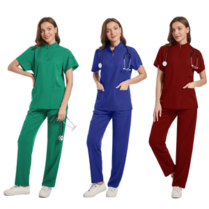 Conjunto <span class=keywords><strong>de</strong></span> Uniforme Médico para Mujer <span class=keywords><strong>de</strong></span> Color Sólido con Cuello Alto <span class=keywords><strong>y</strong></span> Pantalones <span class=keywords><strong>de</strong></span> Pierna Recta en Tejido Elástico para Enfermeras <span class=keywords><strong>de</strong></span> Hospital - Product Image 1