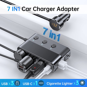 Chargeur de voiture 127W 7-en-1 à charge rapide, 3 ports adaptateurs, 3 USB, 1 PD (Type-C), 1 interrupteur principal, 3 mini-interrupteurs individuels, câble d'extension de 1m - Product Image 2