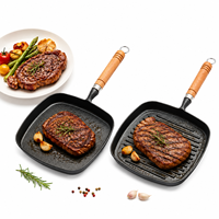 Poêle à frire carrée en fonte avec manche en bois, grill à côtes plates, poêle antiadhésive pour barbecue, idéale pour la cuisine domestique et le camping