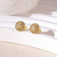 Anting-anting stud mode MYNECK Cute Jewelry berlapis emas 18k PVD, baja tahan karat anti-korosi, desain bunga kelopak lingkaran abadi dengan zircon.