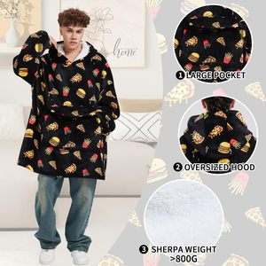 Couverture à capuche en polaire Sherpa surdimensionnée unisexe pour adultes avec motif hamburger et <span class=keywords><strong>pizza</strong></span> - Product Image 3