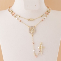 Collier chapelet Notre-Dame de San Juan De Los Lagos plaqué or 14 carats, perles 3 couleurs, bijoux catholiques avec pendentif crucifix Jésus