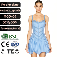 Robe Courte Bleu Clair à Bretelles Fines avec Dentelle, Bustier Ajusté et Jupe Évasée – Robe d'Été Douce pour Femme, Idéale pour Soirées Romantiques