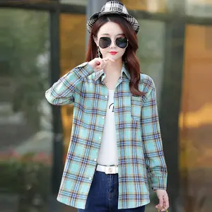 Kemeja Wanita Musim Semi/Musim Gugur Slim Fit Mantel Lengan Panjang Longgar Kemeja Kotak-kotak Kustom Wanita