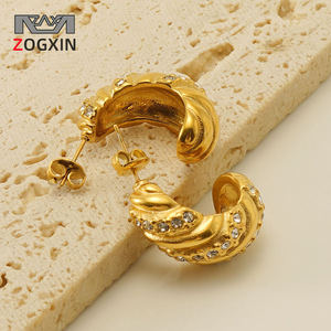 Geometric Gold Stud Earrings With Zircon Stones For Women Everyday Wear 18K Stainless Steel Fashionable Design - Product Image 2