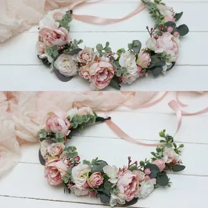 Aksesori rambut mahkota bunga mawar buatan wanita, mahkota bunga mawar besar karangan bunga Boho pernikahan untuk pengantin wanita