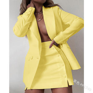 TK <span class=keywords><strong>2021</strong></span> Ensemble Costume Deux Pièces Automne <span class=keywords><strong>Femme</strong></span> : Jupe Courte & Veste Blazer Couleur Unie avec Boutons Vintage, Livraison Directe - Product Image 6