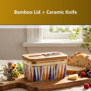 Boîte de rangement pour beurre en céramique de style américain rétro avec couvercle et couteau à beurre, récipient en céramique multi-usages pour fromage, confiture, cuisine - Product Image 5