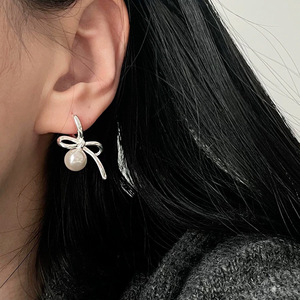 Ribbon Bow Pearl <b>Stud</b> Earrings S925 Sterling <b>Silver</b> Everyday Wear - Product Image 2