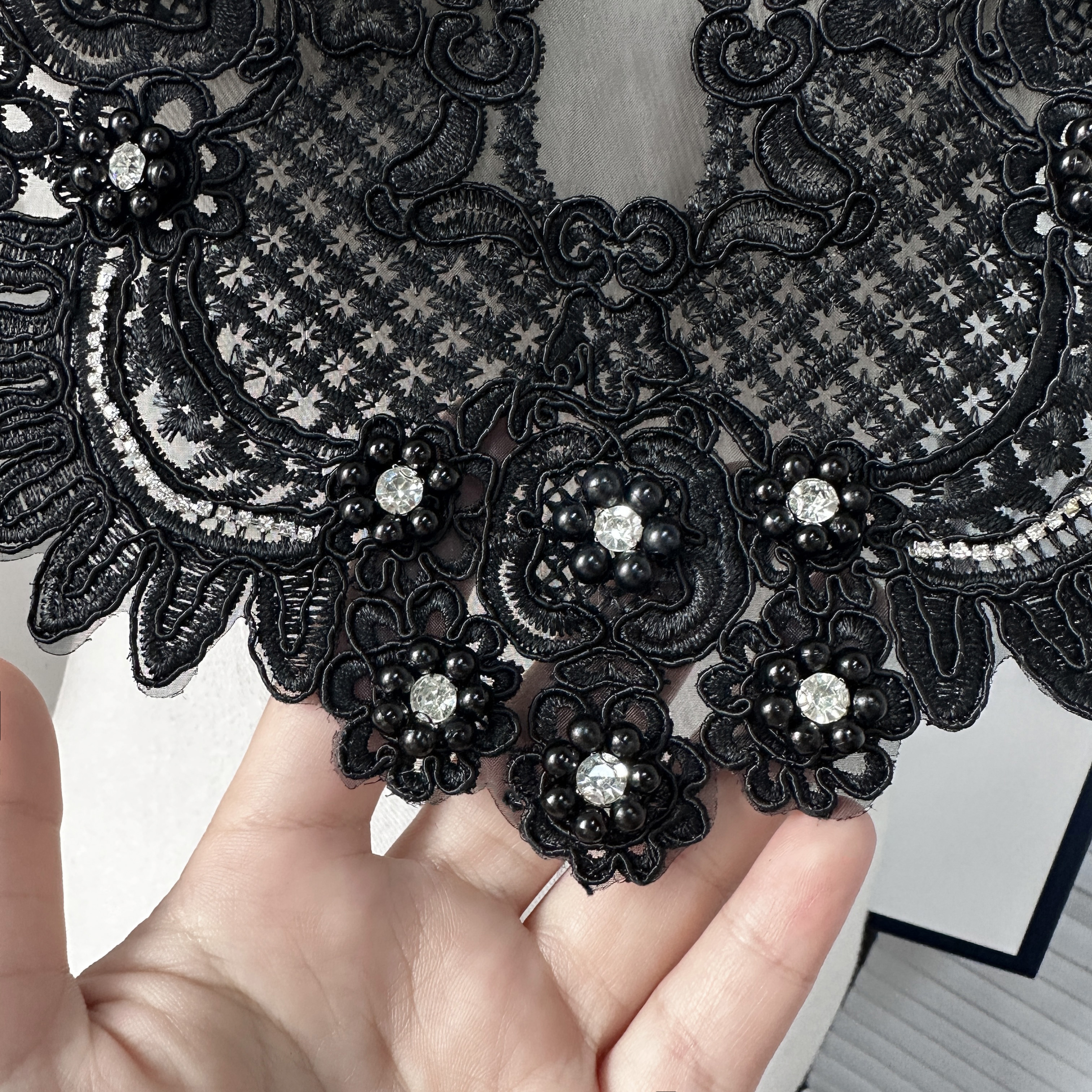 White Beaded Organza Neckline Applique Patch for Weddings