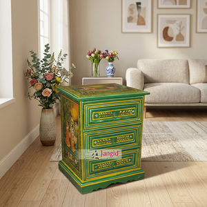 Table de chevet moderne en bois peint, table de rangement à 3 tiroirs pour chambre à coucher, artisanat indien, meubles - Product Image 1