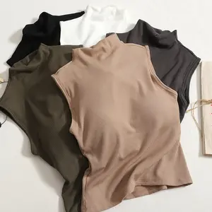 Autumn Women Mock Neck canotte con reggiseno Pad Casual Crop top filettatura a vite canotta senza maniche per donna inverno