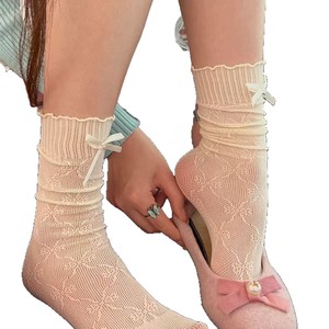 Women's Japanese Style Mid Calf Socks White Lace Bow Slouch Socks Ultra Thin Mulberry Silk Four Seasons Ballet Style - Product Image 5