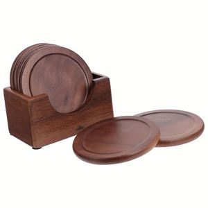100% Natural Beech/Walnut Wood Round <b>Coaster</b> Set Holder Laser Cut Sizes S/M/L Classic Style Eco-Friendly for <b>Drinks</b> Hot Mats - Product Image 1