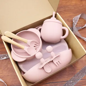 Factory Food Grade Baby Utensils Silicone Suction Plate Weaning Bowl 8 Piece Silicone Feeding Baby Eating Set