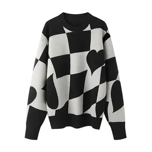 TWOTWINSTYLE Automne Pulls O Cou Manches Longues Plaid Coeur Colorblock Femme Pull Tricoté 2023