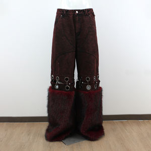 Top show DENIM pantaloni in Denim rosso scuro in DENIM eco-pelliccia polsini in metallo anelli Hardware unico Punk Gothic Street Fashion Jeans - Product Image 1