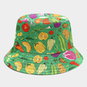Levendige groene achtergrond groenteprint emmerhoed voor heren dames, nieuwigheid cartoon groentepatroon visserspet opvouwbare zonnehoed - Product Image 1