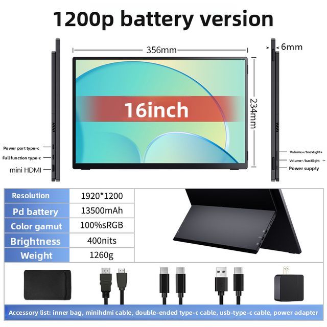 Mi 16Inch 1200P 3ms Gaming Monitor Thin Top Thick Bottom IPS LCD battery with Type-C Laptop