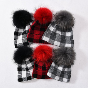 Chapeau d'hiver en cachemire tricoté épais et chaud de haute qualité, avec revers, pour femmes, motif écossais, mode, doux, moelleux, <span class=keywords><strong>pompon</strong></span> en fourrure véritable, bonnet - Product Image 4