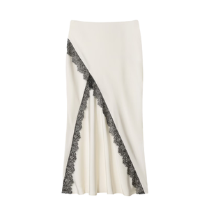 Jupe midi en satin asymétrique élégante et respirante pour femme, avec bordure en dentelle, taille naturelle, couleur unie, style automne - Product Image 4
