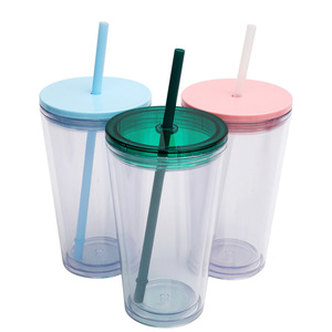 Shang Kou Ai 16oz Double Walled Plastic <b>Straw</b> <b>Cup</b> Reusable Travel Drinkware With <b>Lid</b> <b>And</b> <b>Straw</b> For General Use - Product Image 2