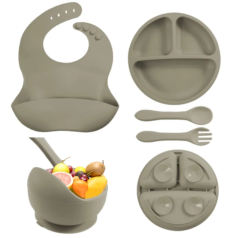 Силиконовая посуда для кормления детей, противообрастающий нагрудник, разделительная тарелка, вилка, ложка, набор из 5 предметов