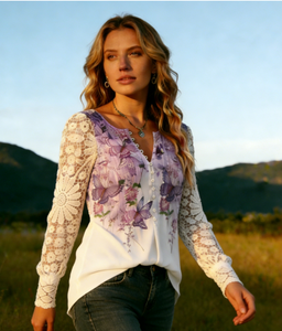 European Style Sexy <b>Lace</b> Long-<b>Sleeved</b> Plus Size Women's Floral Pattern Casual Button V-neck Loose Fit Blouse - Product Image 3