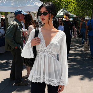 French Elegant Lace <b>Patchwork</b> Sheer V Neck Loose Long Sleeve Tee Sweet Pure Desire Waist Cinching A Line - Product Image 2