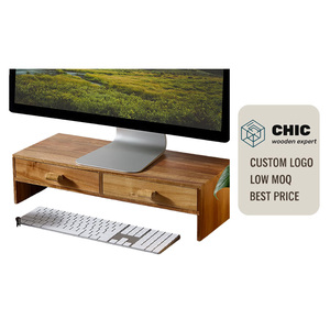 แท่นวางจอคอมพิวเตอร์คู่ ทำจากไม้กระถิน พร้อมชั้นวางของสำหรับจัดระเบียบโต๊ะทำงาน เหมาะสำหรับคอมพิวเตอร์แล็ปท็อป ใช้ในบ้านหรือสำนักงาน - Product Image 1